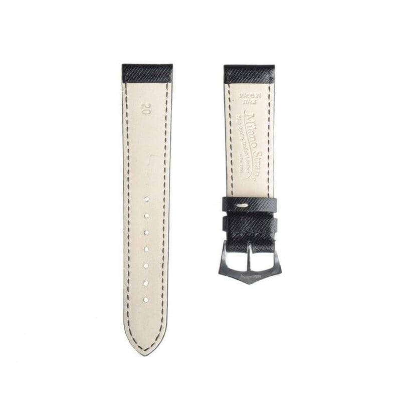 Black Saffiano Folded Edge Black Stitches Watch Strap - Milano Straps